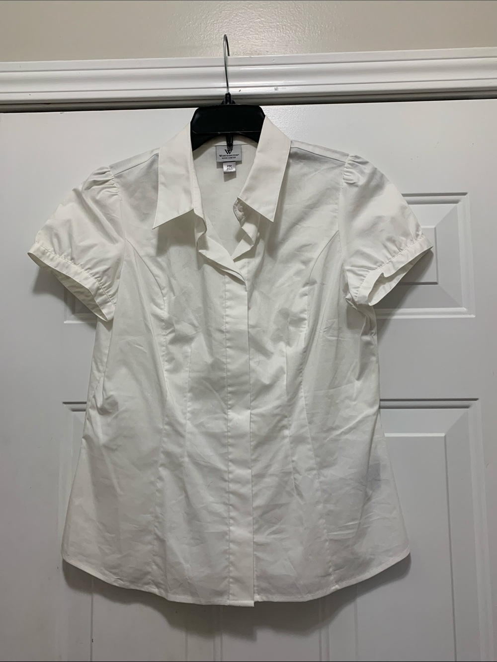 3/$15 Worthington White Cotton Blend Short-Sleeve Button-Down Blouse Size MP - Picture 1 of 4